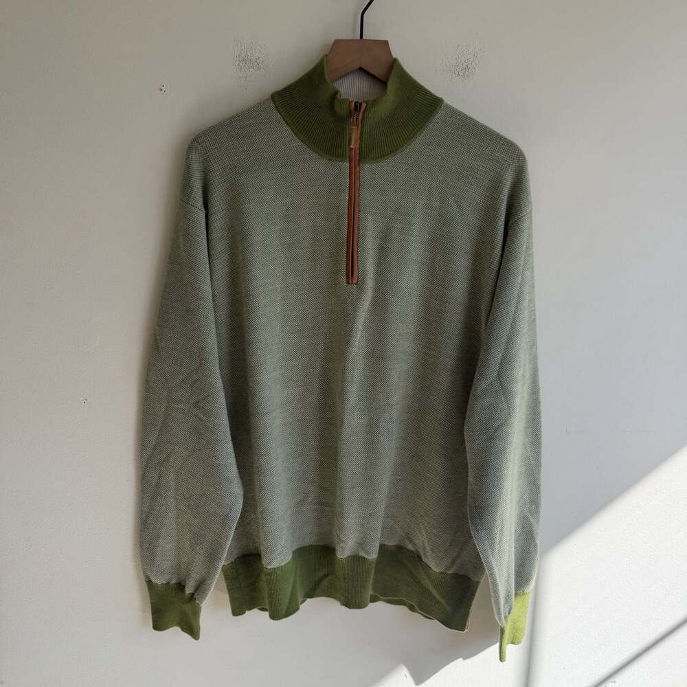 Orvis Signature Collection 100% Wool Green Quarter Zip Sweater Size L Office